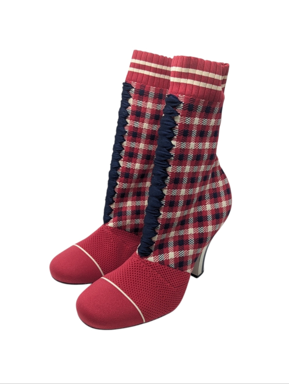 Fendi Lurex Red Plaid Sock Knit Rockoko High Heel Ankle Boot Size EU 38
